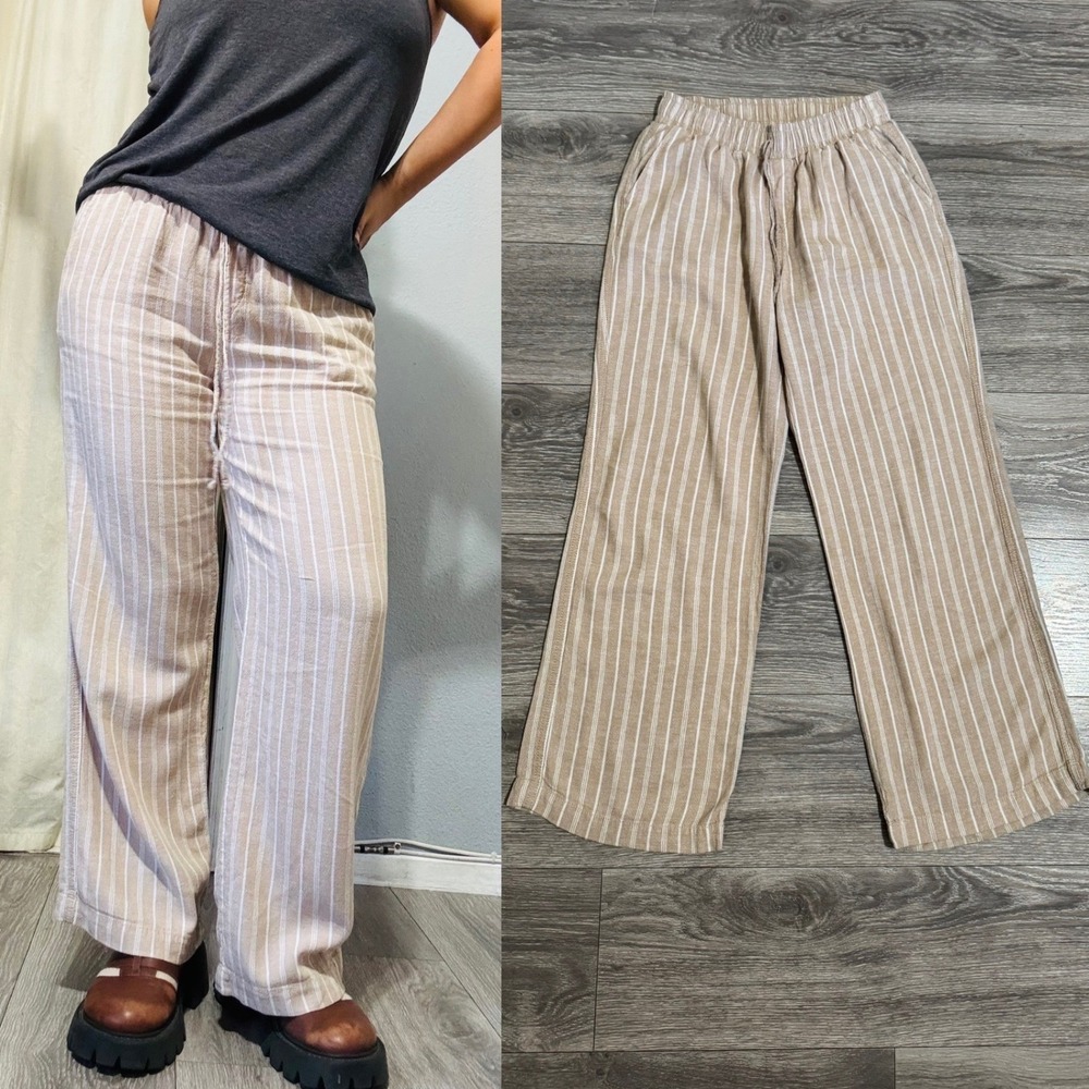 Briggs Womens Small Pants Tan White Striped Wide Leg Linen Blend Elastic Waist